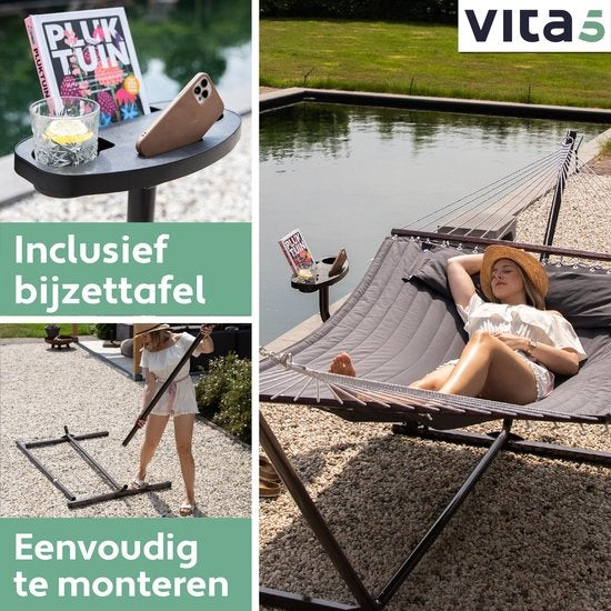 Hamac Vita5 avec support et poteau de déploiement - 2 personnes - avec porte-gobelet - coussin amovible - résistant aux UV - gris foncé