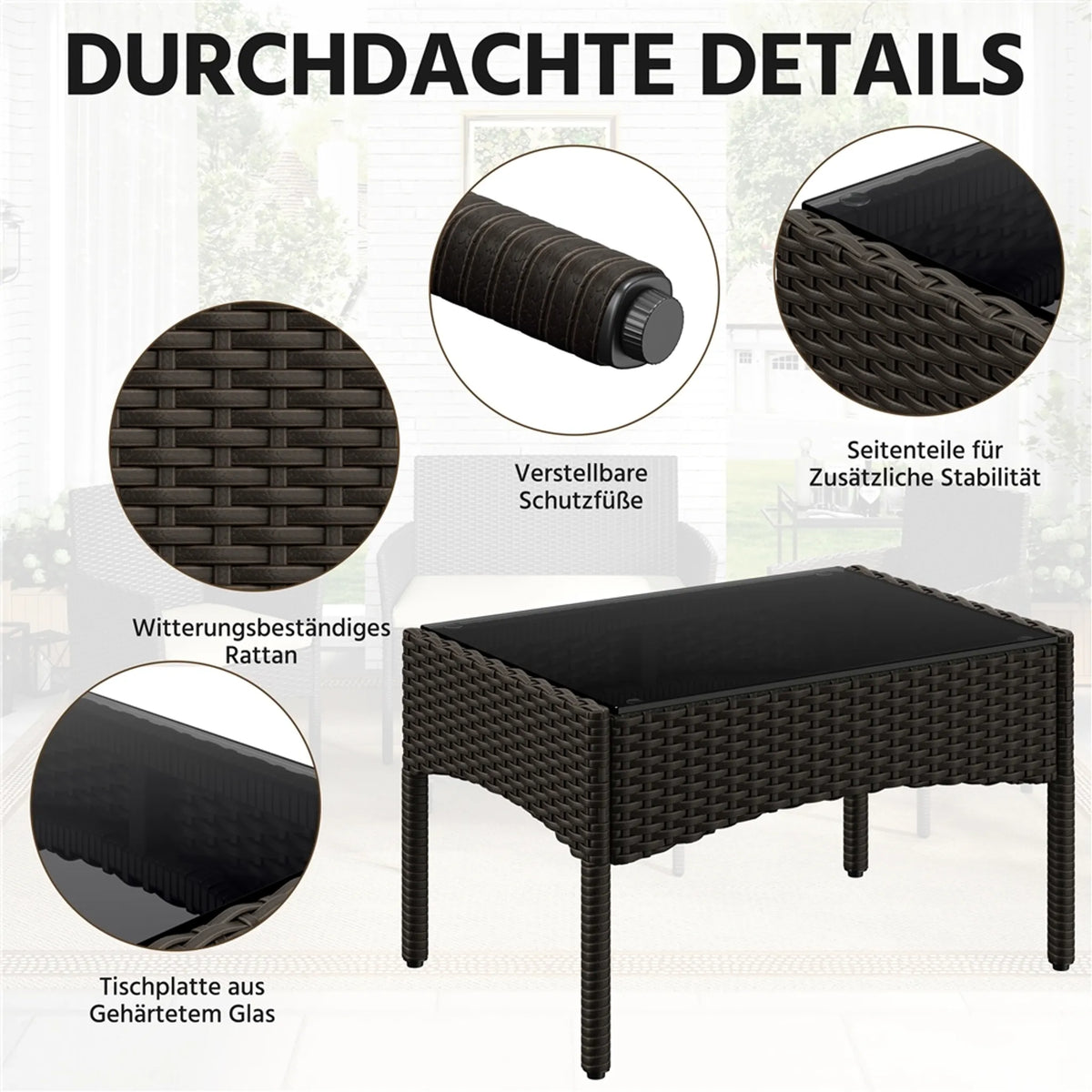 Ensemble de salon en polyrotin Yaheetech, 4 pièces - Canapé 2 places et 2 fauteuils avec table en verre - 100 x 59,5 cm - Marron avec coussins beiges