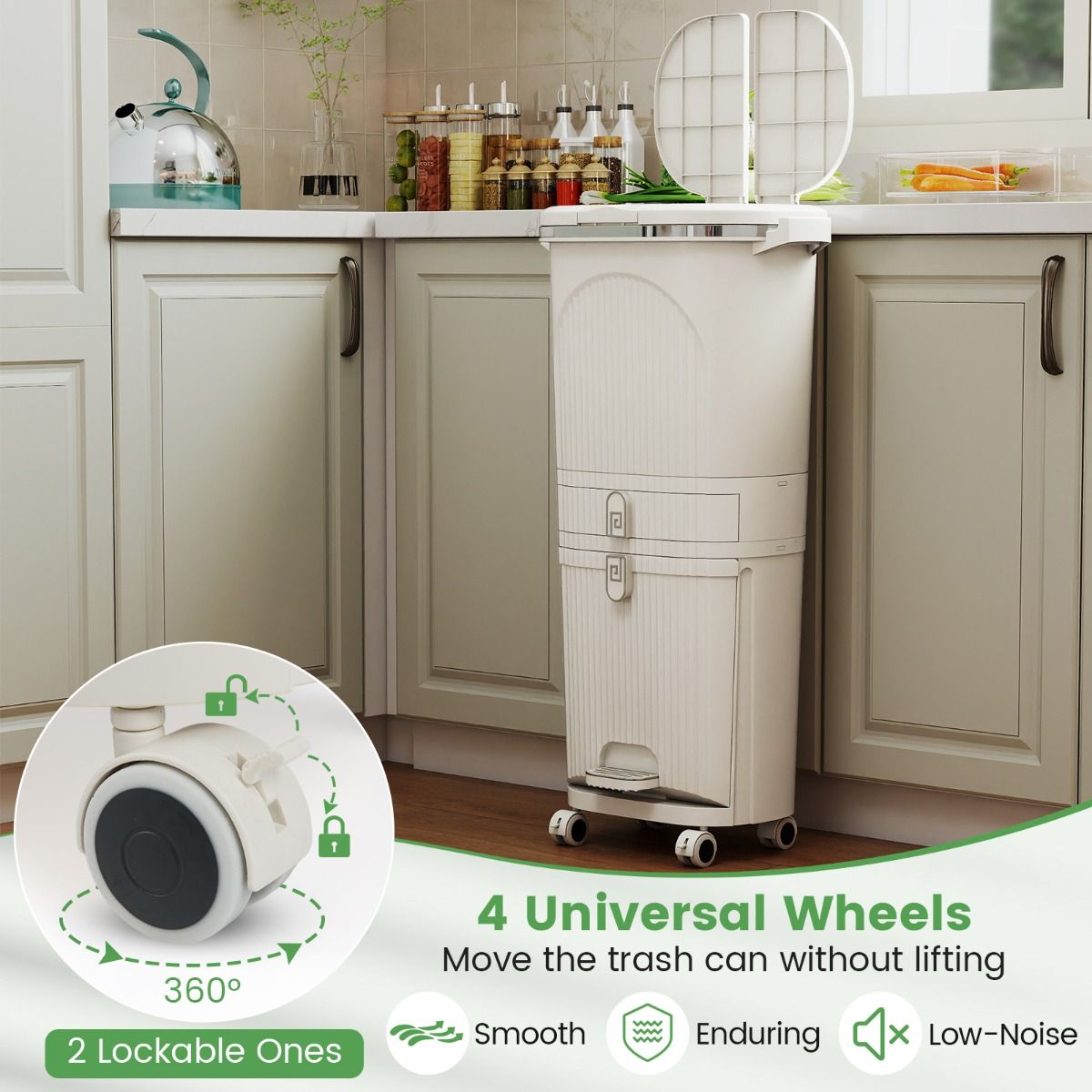 Poubelle de cuisine Coast - Tri sélectif à 3 compartiments - pédale et roulettes - beige/blanc - 42 litres