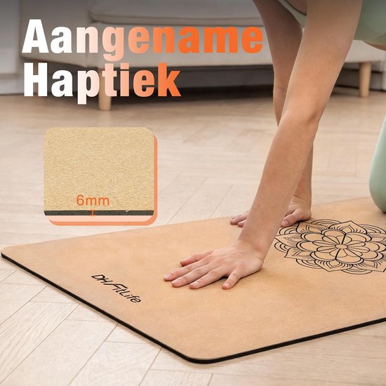 Tapis de yoga en liège DH FitLife - Mandala Harmony - 183 x 61 cm - 6 mm - Avec sangle de transport