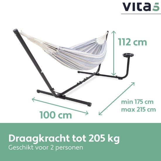 Hamac Vita5 avec support - 2 personnes - Porte-gobelet inclus - 205kg de poids - Bleu/Blanc