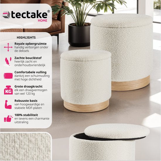 tectake® - Lot de 2 tabourets avec rangement - tissu bouclé teddy - Scandi - Tabouret rembourré rond - Pour table de maquillage, chambre, salon - 2 tailles (38 et 32cm)