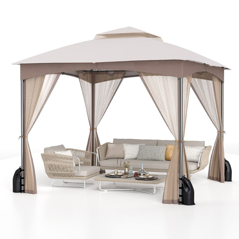 Pavillon de jardin Coast - double toit - moustiquaire et sacs de sable - kaki 3 x 3 m