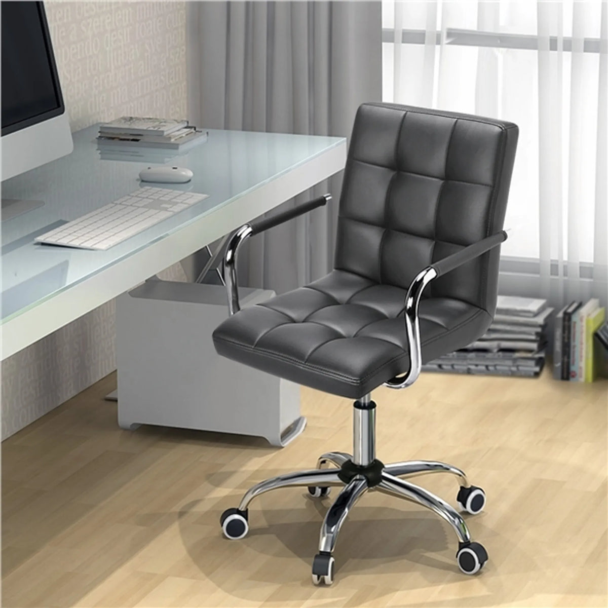 Chaise de bureau Yaheetech Luxe en simili cuir, 88,5-103 cm – Gris élégant – Polyuréthane et acier