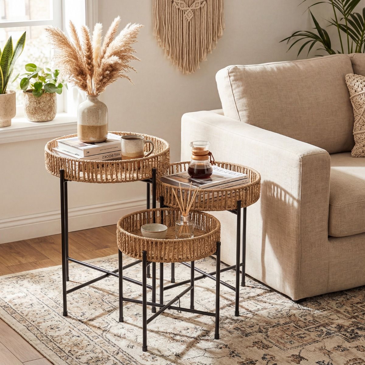 Ensemble de tables d'appoint rondes Coast - tressage bohème fait main - pieds en métal - couleur naturelle - lot de 3