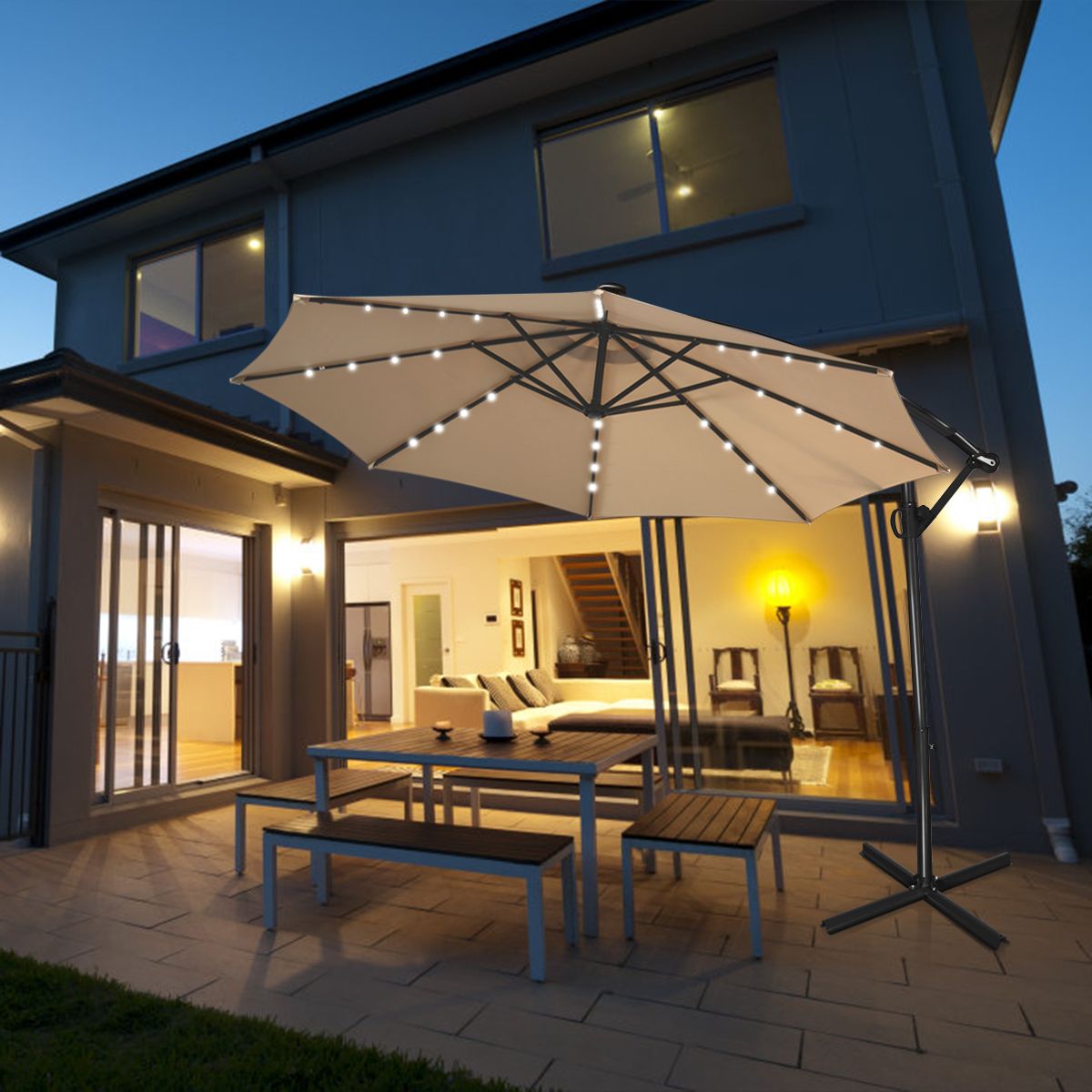 Parasol sur pied Coast avec éclairage LED - panneau solaire - orientable et inclinable - couleur café, 300 cm