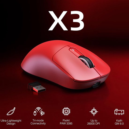 ATTACK SHARK Souris de jeu sans fil - Filaire/2.4G/BT5.4 - Léger 49G - PAW3395 - 26000DPI - Rouge