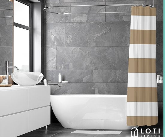 Loti Living Rideau de douche anti-moisissure - Rayures marron clair - Anneaux inclus - Imperméable - Polyester - Rideau de douche 180x200 cm