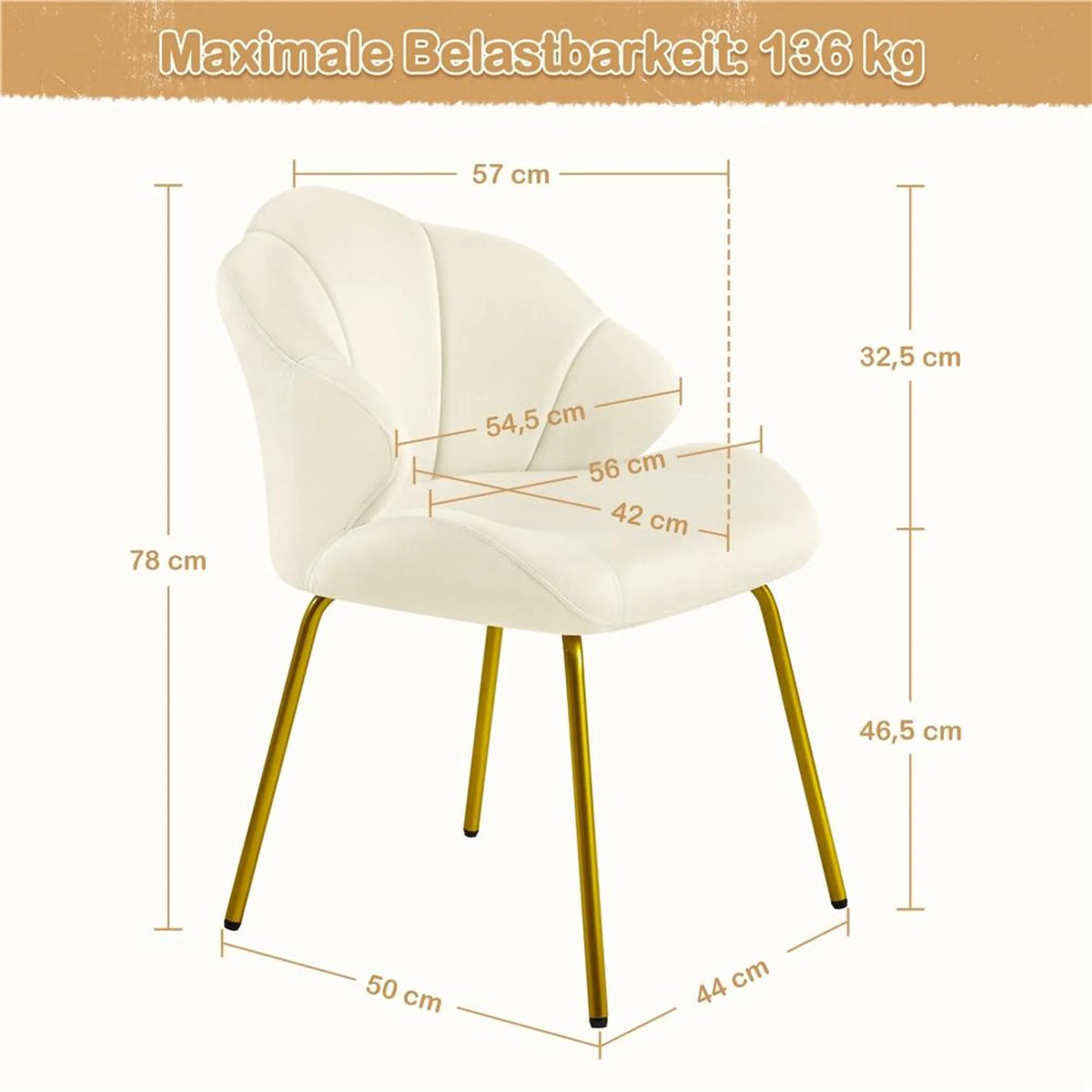 Chaise de salle à manger Yaheetech en forme de coquillage - Rembourrée avec pieds en métal - 56 x 57 x 78 cm - Beige
