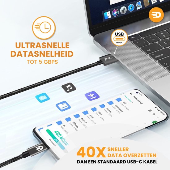 Drivv. Câble USB-C vers USB-A de 3 mètres – 10 Gbps – Charge rapide 3 A – Gris