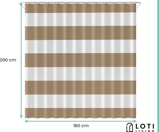 Loti Living Rideau de douche anti-moisissure - Rayures marron clair - Anneaux inclus - Imperméable - Polyester - Rideau de douche 180x200 cm