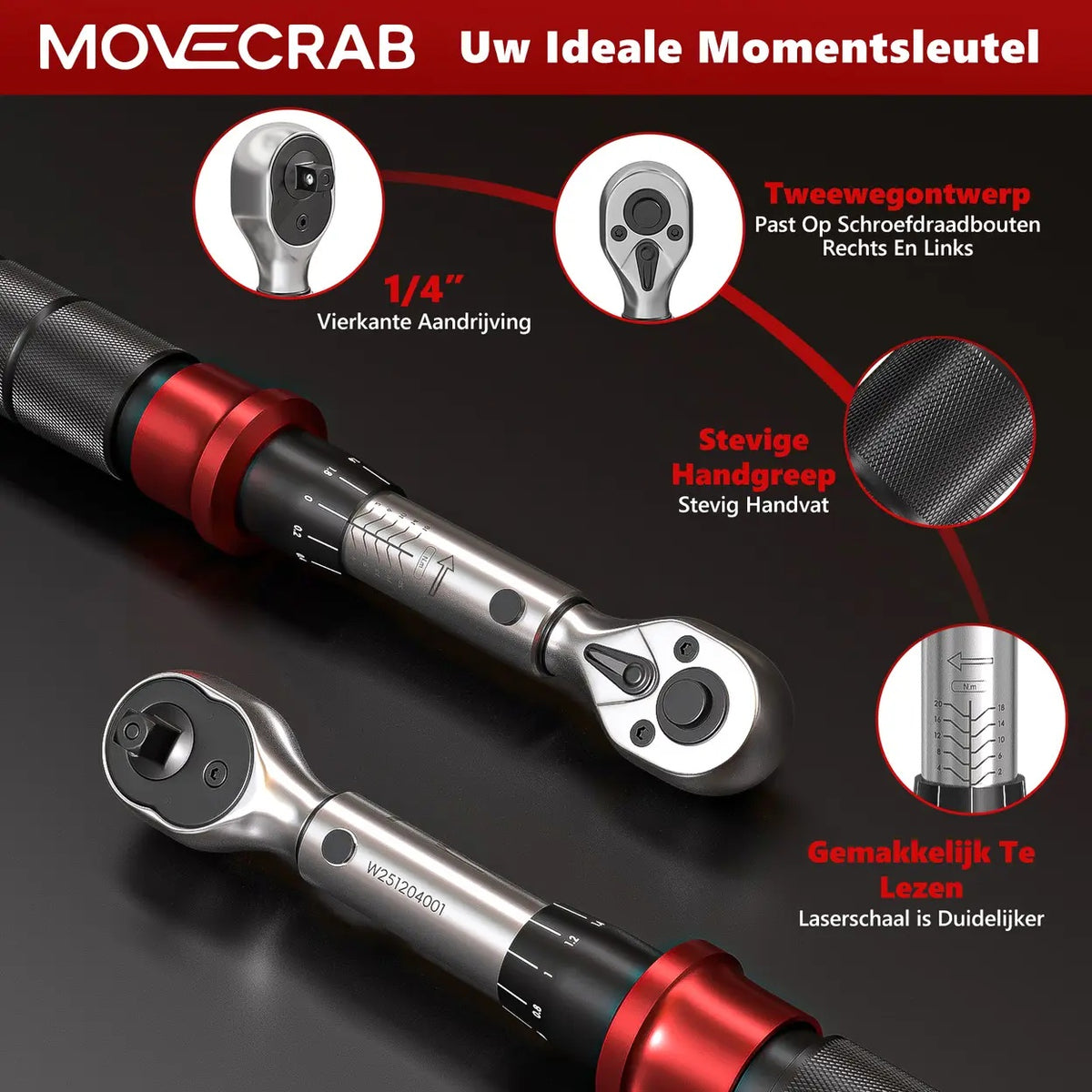 Jeu de clés dynamométriques MoveCrab pour vélos - 15 pièces - 1/4 pouce - 2–20 Nm