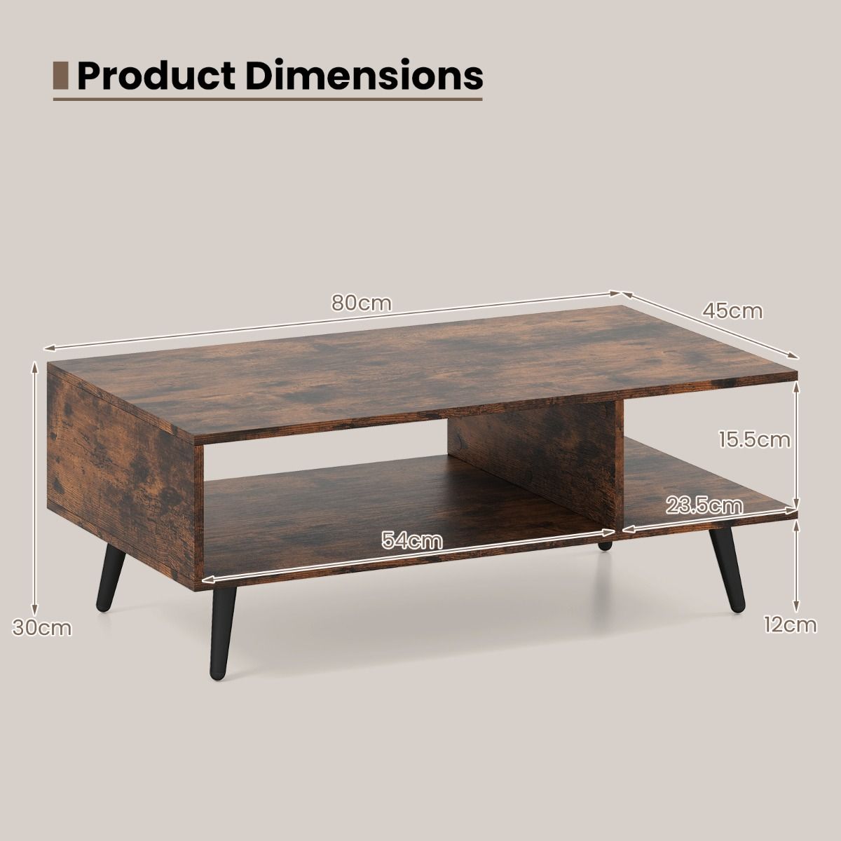 table basse coast 2 étages - brun rustique - 80 x 45 x 30 cm - étagère ouverte & pieds en métal