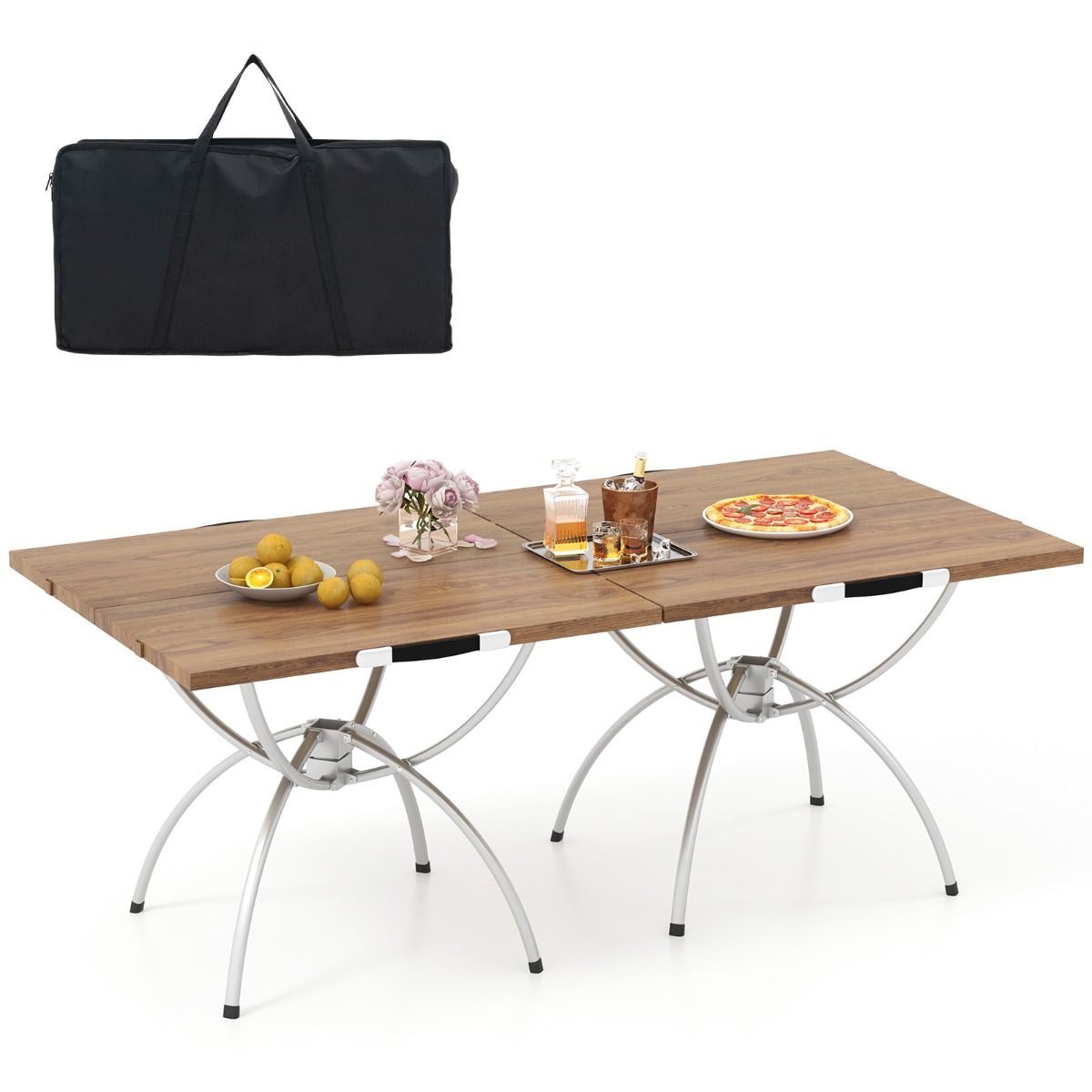 Ensemble de table de camping pliable Coast - Extensible - Aluminium léger - Plateau imitation bois - Couleurs café et argent