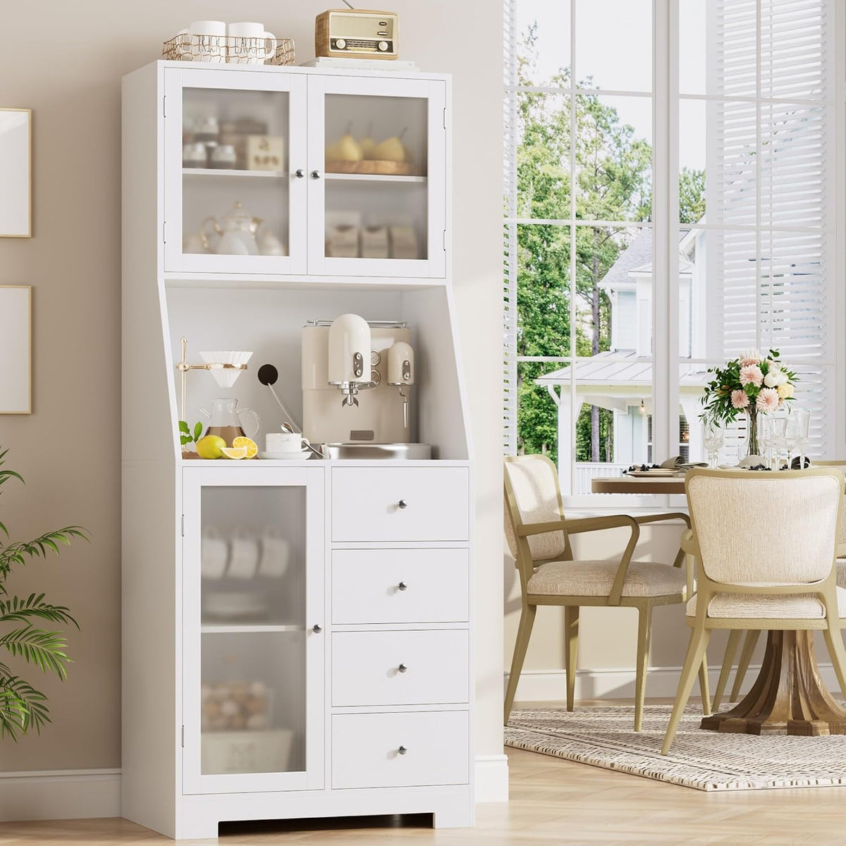 Armoire de cuisine haute avec plan de travail - 4 tiroirs et 3 portes vitrées - 60 cm de large - Blanc