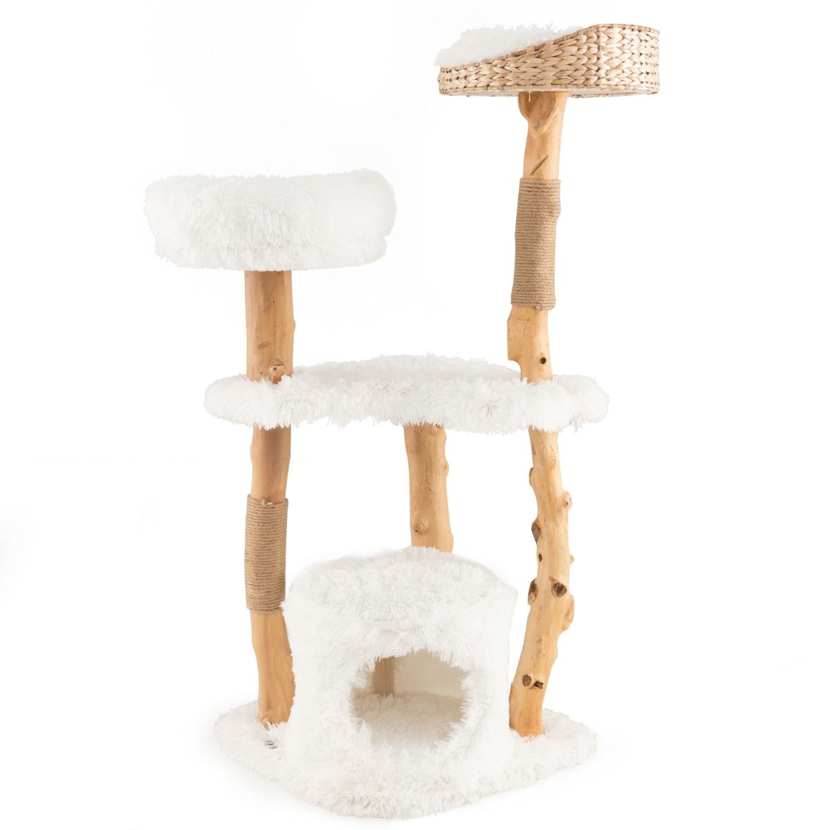 Arbre à chat Coast - Bois massif et jute - 5 niveaux - Naturel et blanc - 124 cm