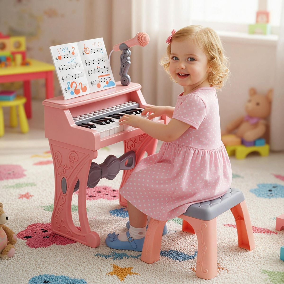 Piano-clavier pour enfants Coast - 25 touches - avec tabouret, pupitre et micro - rose et gris