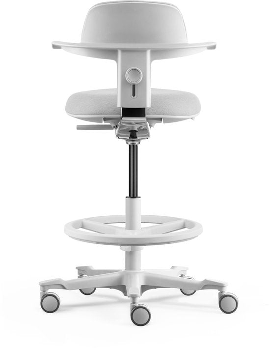Tabouret de travail ergonomique Backerz avec repose-pieds annulaire - Chaises de bureau pour adultes - Entièrement réglable, jusqu'à 120 kg - Chaise de bureau - Chaise de gaming - Blanc