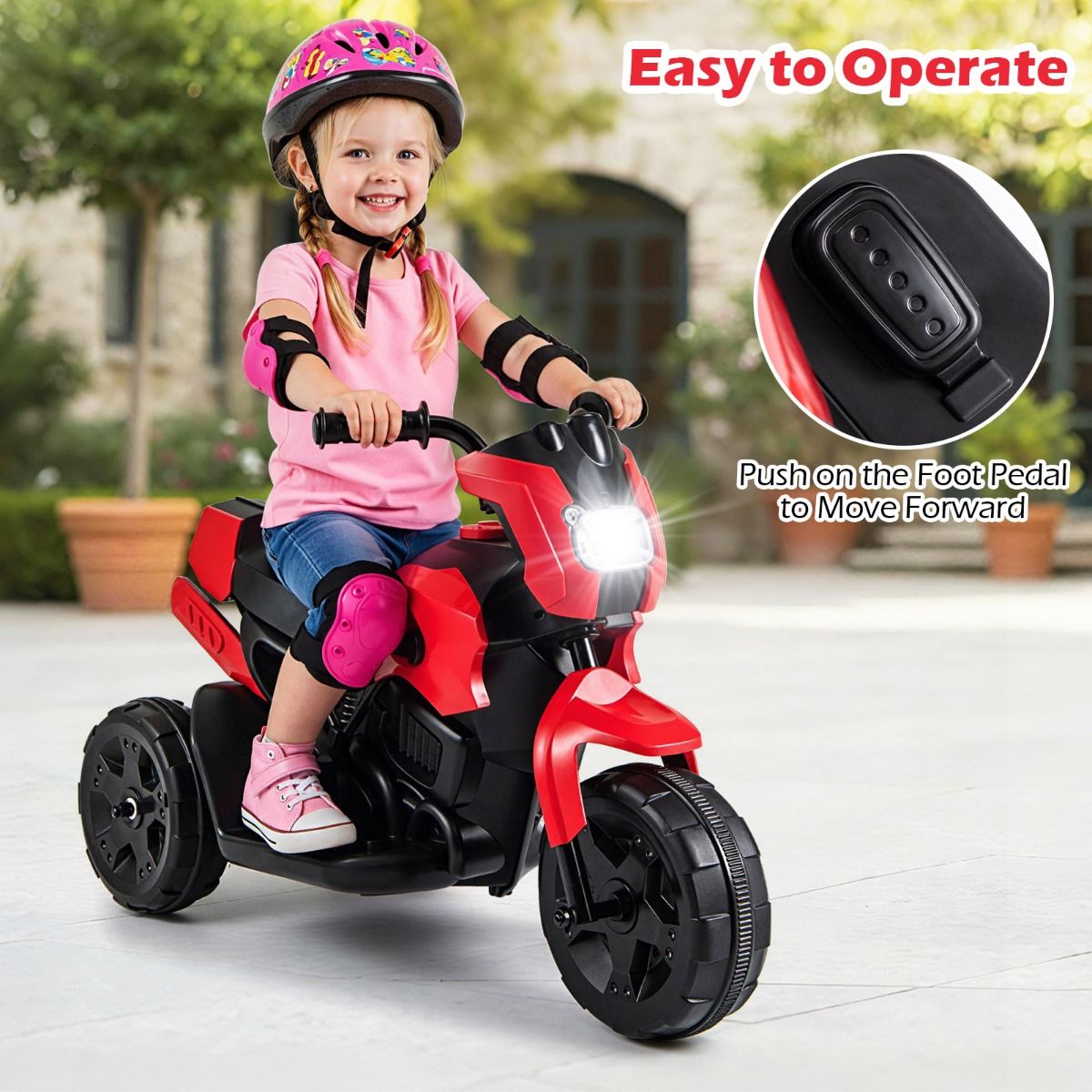 Vélo électrique pour enfants Coast - modèle à trois roues - avec phare à LED - rouge