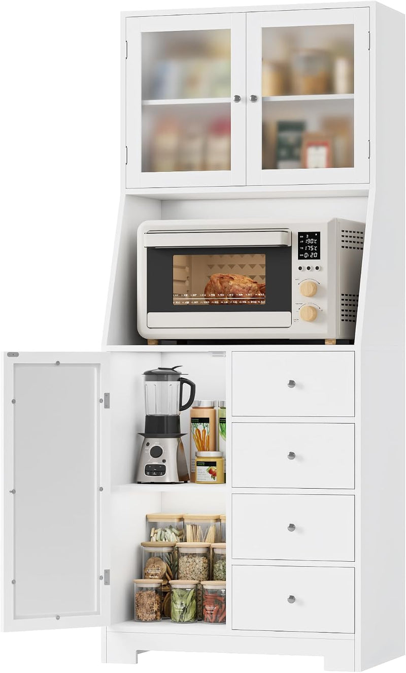 Armoire de cuisine haute avec plan de travail - 4 tiroirs et 3 portes vitrées - 60 cm de large - Blanc