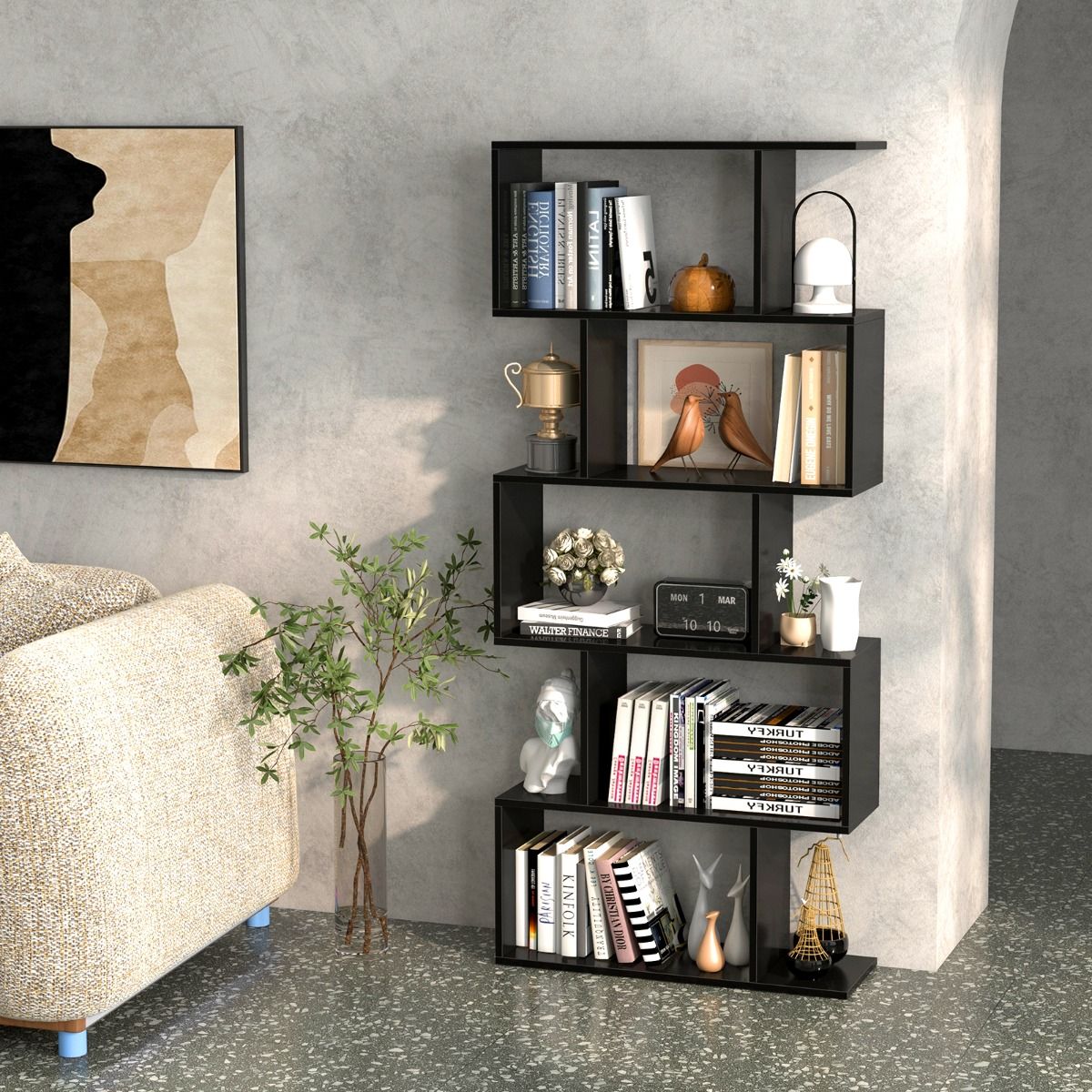 Bibliothèque Coast en forme de S - 5 étagères - meuble de rangement anti-basculement - noir - 70 x 23,5 x 158 cm