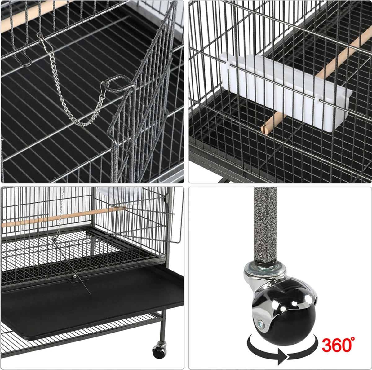Yaheetech XXL Bird Cage With 360° Casters - Fitted With Lower Storage Shelf And 4 Perches And Removable Bottom Plate - For Parakeets And Falcon Parakeets - Black Metal - 93,5 x 56,5 x 153 cm