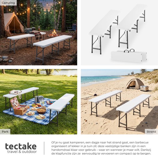 tectake® Lot de 2 bancs pliants - Bancs de jardin - 8 personnes - Banc de brasserie - Bancs portables pour table de camping - Table de brasserie - Table de pique-nique - Table de jardin - Capacité de charge de 500 kg par banc - Blanc