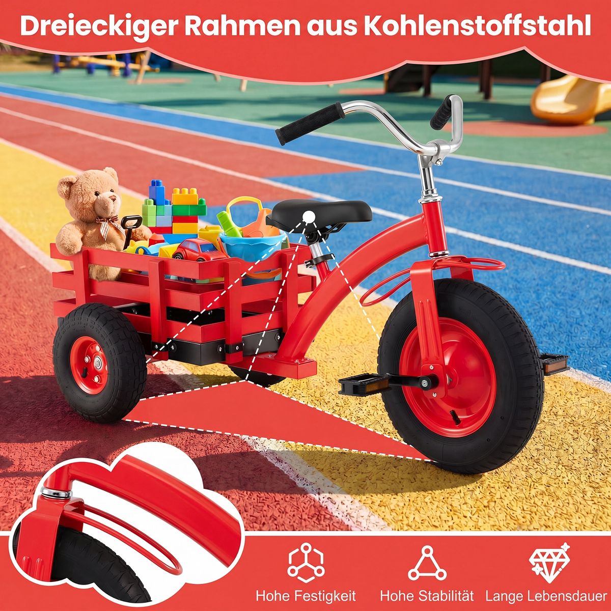 Tricycle pour enfants Coast avec guidon et selle réglables - avec remorque - rouge