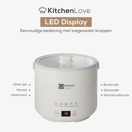 KitchenLove Cuiseur de riz - 0.4L - Multicuiseur - Cuiseur de riz - Mijoteuse - 1 à 2 personnes - Petit - Blanc crème