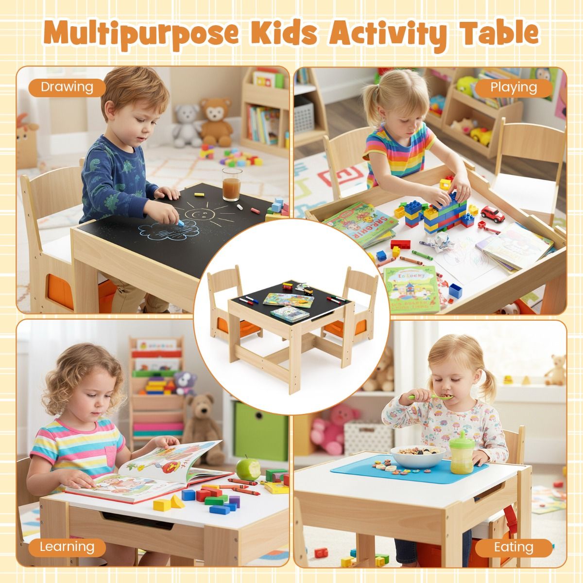 Ensemble table et chaises pour enfants Coast - Table d'activités en bois - Plateau réversible - Couleur naturelle
