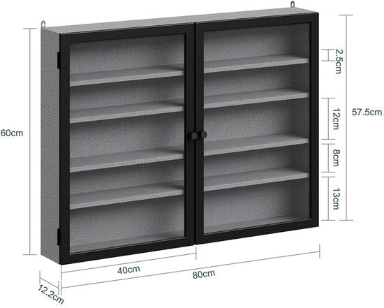 Vitrine murale SoBuy – 4 étagères réglables – Portes vitrées – 80 x 12,2 x 60 cm – Noir/Gris