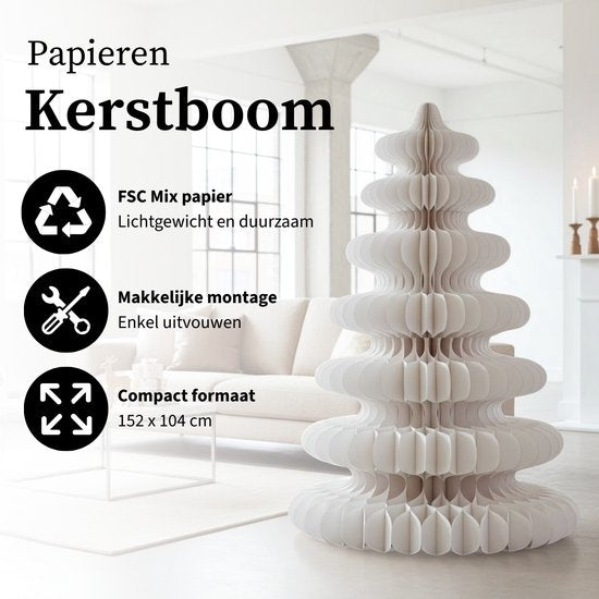 Mica Decorations Sapin de Noël en papier - Sapin de Noël artificiel pliable - H 152 x Ø 104 cm - Décoration de Noël - 100 % FSC - Blanc