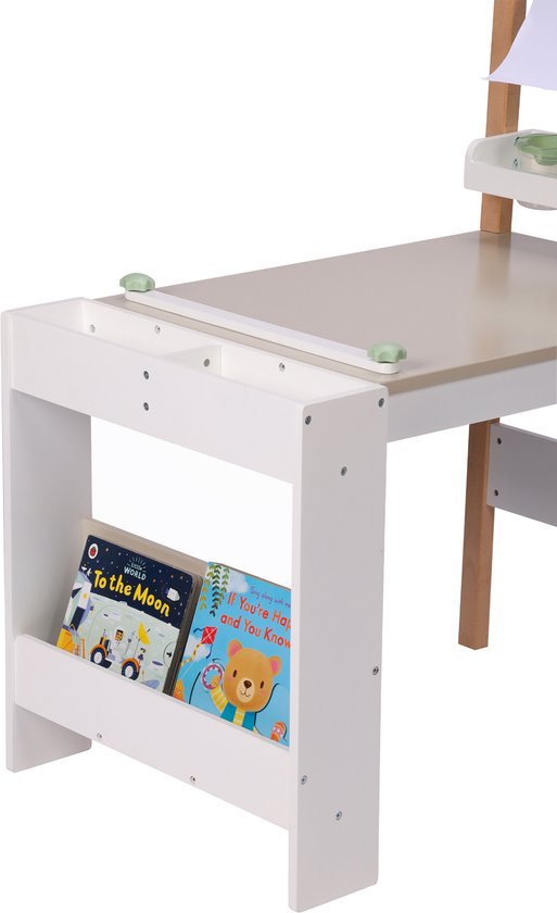 Table de dessin et de bricolage Sunny Olivia – Table de dessin et de bricolage en bois pour enfants – Livrée avec une chaise, un tableau blanc, un rouleau de papier et un espace de rangement – Meuble de jeu créatif