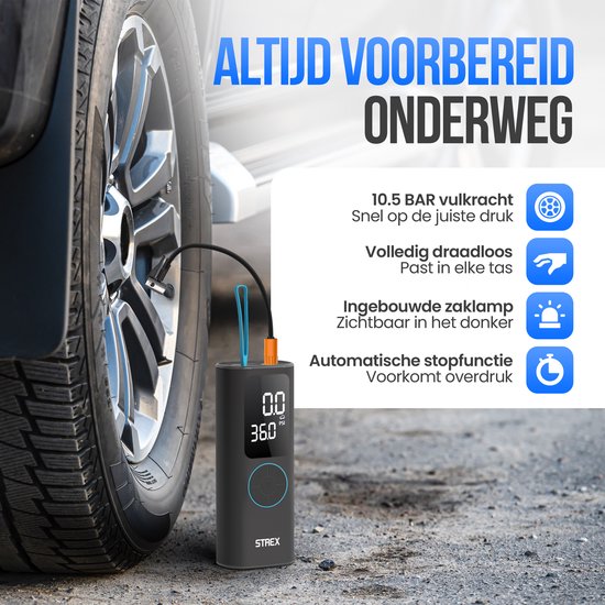 Pompe à pneu électrique Strex - Mini-compresseur sans fil 3-en-1 - voiture, vélo, scooter, ballon et matelas pneumatique - jusqu'à 10,5 bar / 150 PSI - 30L/min - 8000 mAh Powerbank & Flashlight