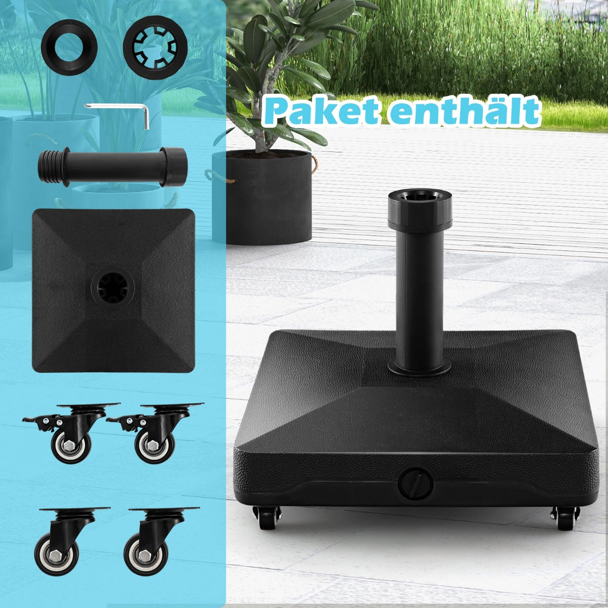 Base de parasol Coast sur roues - Remplissable - Max. 25 kg - 45 x 44 x 40 cm - Noir