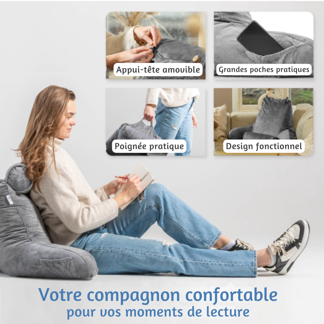 Coussin de lecture Ella® -  Avec appui tête - Housse en velours - 50x60x40 cm - Anthracite