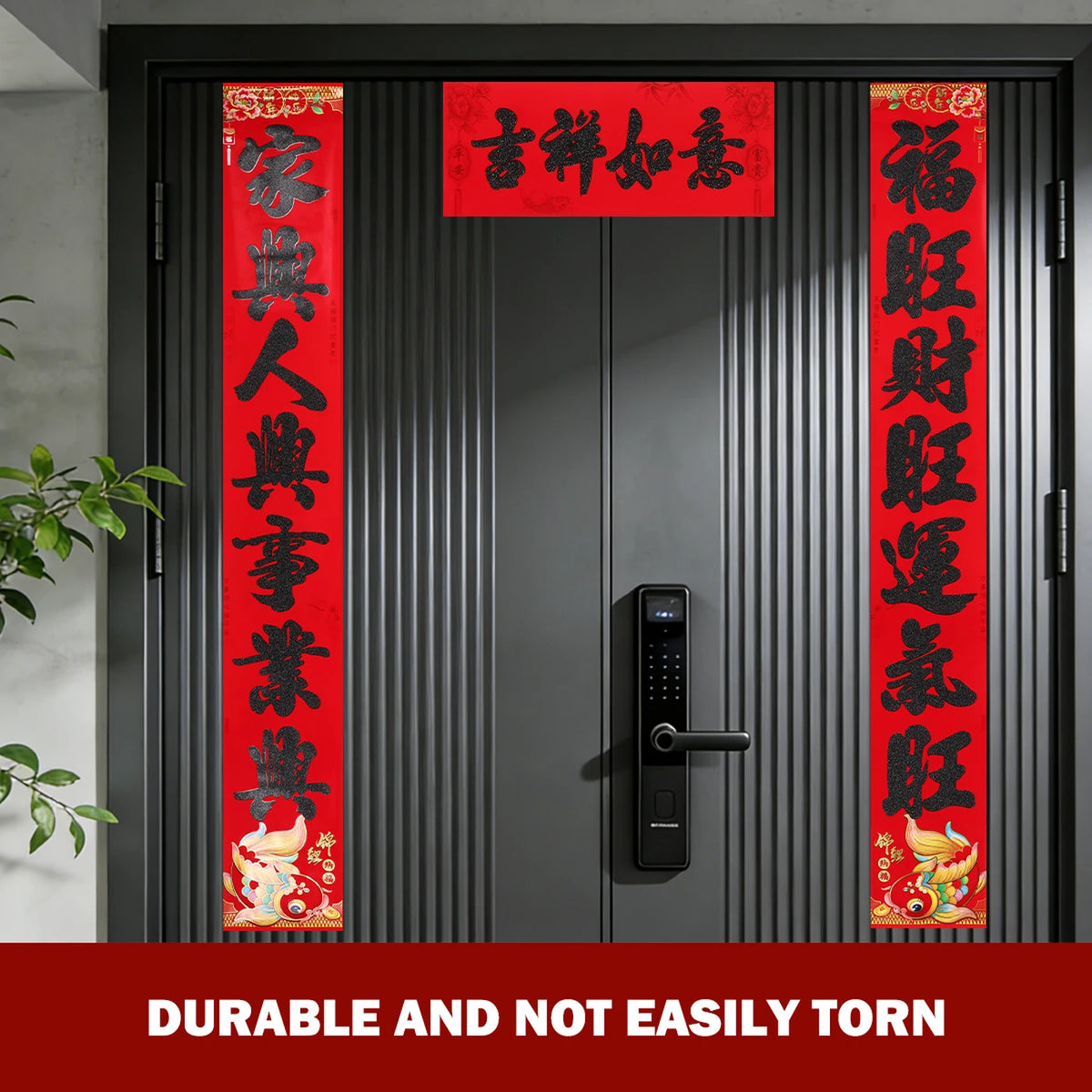 Lot de 3 couplets du Nouvel An chinois - Papier rouge - Caractères noirs - Bonheur et prospérité