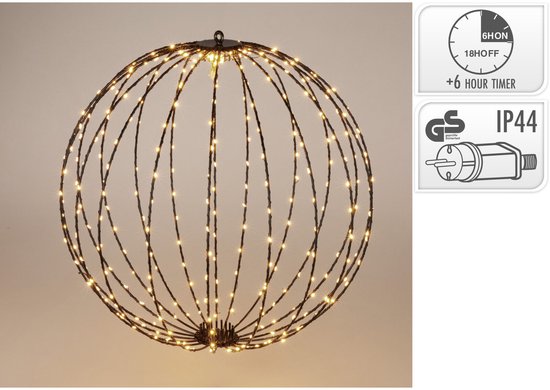Globe lumineux - D50 cm - 320 LED - blanc chaud - avec minuterie - cadre noir - éclairage
