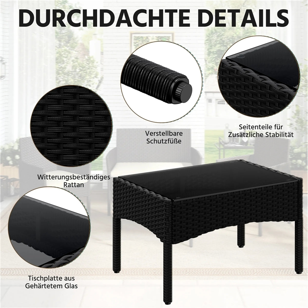 Yaheetech Garden Set Lounge Set 4-Piece - 100 x 59.5 x 83.5 cm - Equipé d'un plateau de table en PE-Rattan tressé à la main et de coussins lavables - Pour le jardin et le balcon - Polyéthylène noir et métal