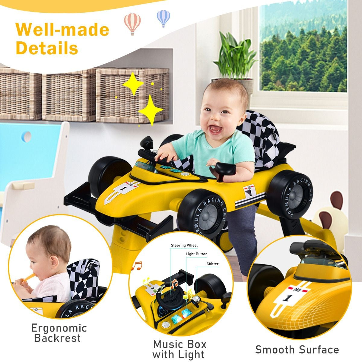 Poussette 4-en-1 avec hauteur et vitesse réglables Chariot pour bébé avec patins antidérapants Poussette pliable Noir/jaune/bleu/gris/blanc/rouge