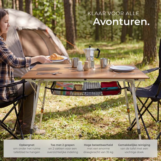 Table de camping tectake® - 120 x 70,5 x 58 - 79 cm - Table pliante en aluminium - Plateau XXL enroulable - Table pliante - Table de voyage - Table de jardin - Résistante aux intempéries - Réglable en hauteur - Sac de transport - Pliable - Aspect bois