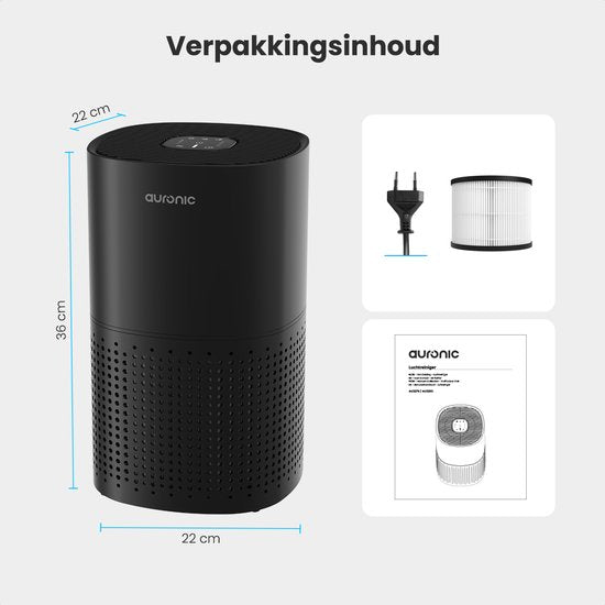 Auronic Air Purifier Fresh - Avec filtre HEPA 13 - 225 m³/h - 45 m² - Filtre à charbon - 3 étapes - Purificateur d'air - Noir
