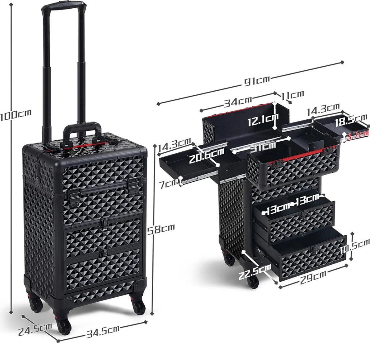 Yaheetech Valise de maquillage à roulettes - 2 tiroirs, poignée extractible et décoration en forme de diamant - Pour esthéticiennes et prothésistes ongulaires - Métal noir et MDF - 34,5 x 24,5 x 58 cm