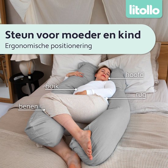 Oreiller de grossesse Litollo® XXL - Oreiller d'allaitement - Oreiller de corps - Body pillow - 280 cm - Housse amovible - Gris