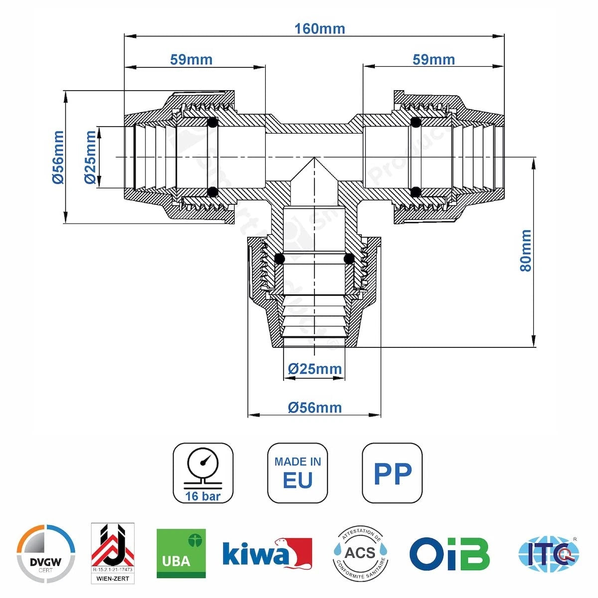 Raccord en T pour tuyau en PE 25 x 25 x 25 mm - Raccord à vis - PN16 - DVGW Eau potable
