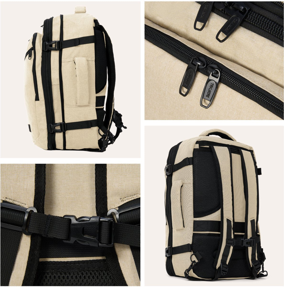 Sac de voyage à dos TRVLMORE 40 L – Bagage à main – 49 x 34 x 13 cm – Beige