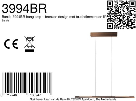 Suspension Bande 3994BR, lampe LED couleur bronze, 114 cm de large, avec système de réglage de la hauteur de Steinhauer, design élégant et moderne dans une teinte chaude