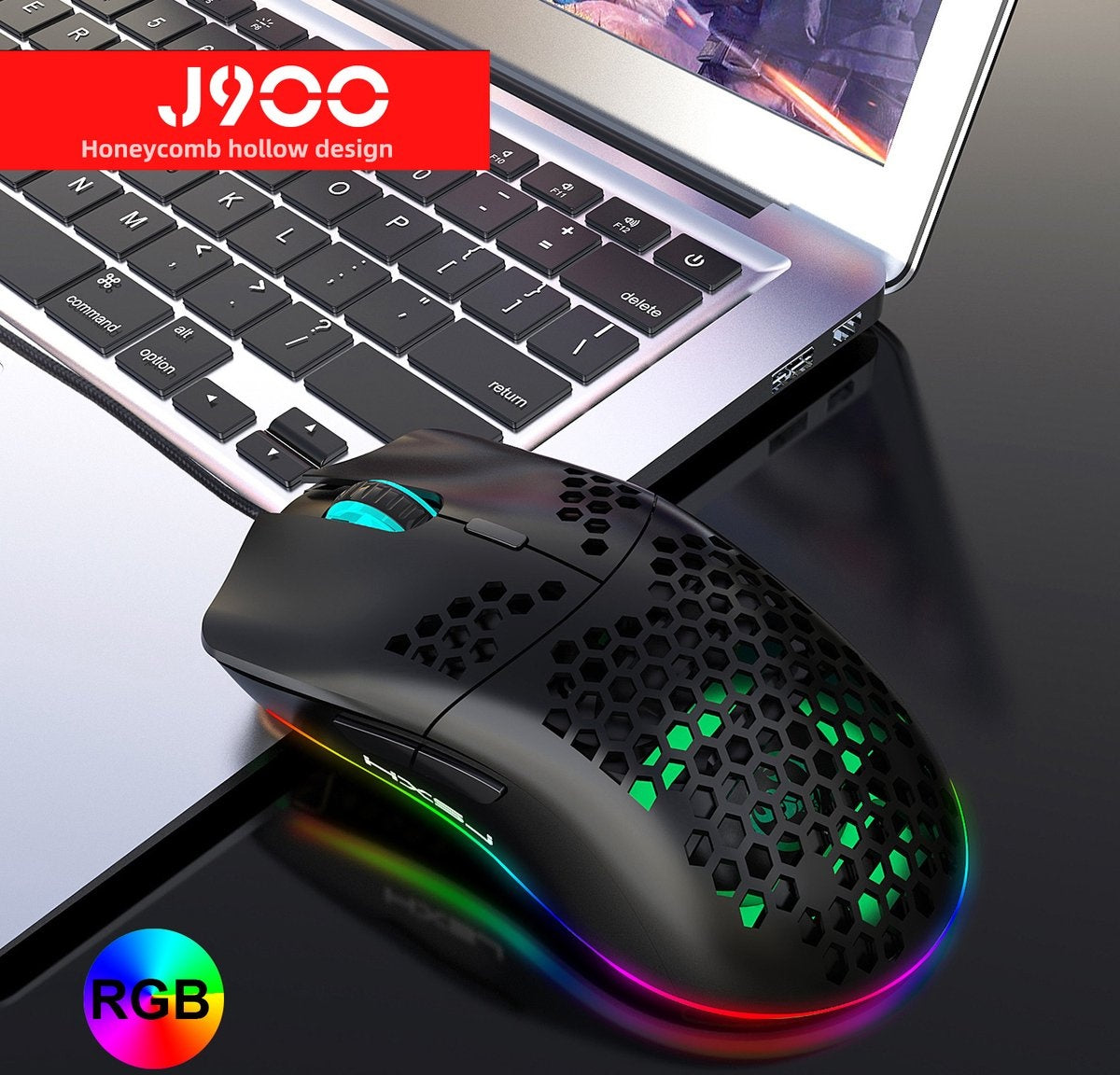 HXSJ J900 Souris de jeu optique - Ultra légère - Illumination RGB - 6400 DPI - Noir