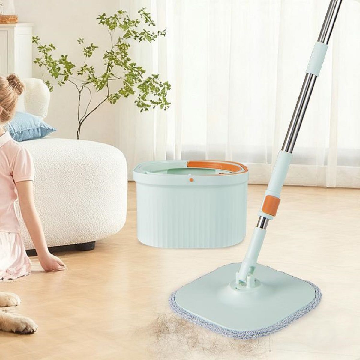 Kit de nettoyage et de seau Coast - Tête de balai à franges pivotante à 360° - Séparation de l'eau propre et de l'eau sale - Vert clair