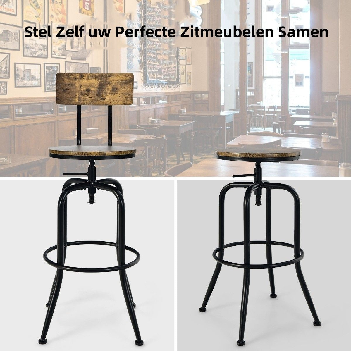 Coast Bar Chair Industrial 2 Set Bar Stool rotatif et réglable en hauteur marron